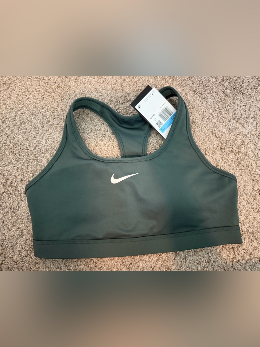 Nike Dark Green Racerback Sports Bra with White Swoosh